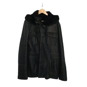 Mens Black Shearling Leather Jacket With Fur Lining & Hood By Perfetto Size 54